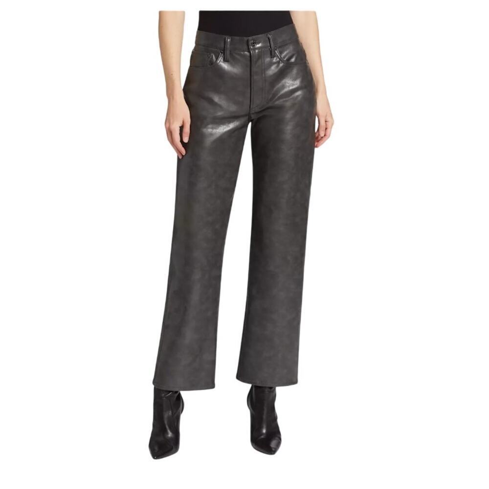Agolde Sloane Leather Straight Leg Pants Smoke Gray Women 33